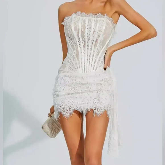 Elegant White Lace Mini Dress - Picture 4 of 14